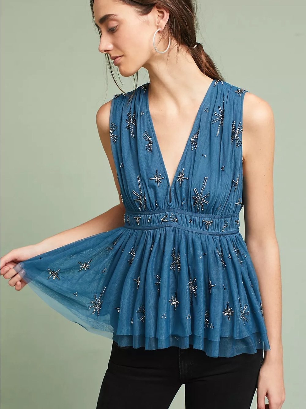 Anthropologie Blue Beaded Starburst V-Neck Camisole